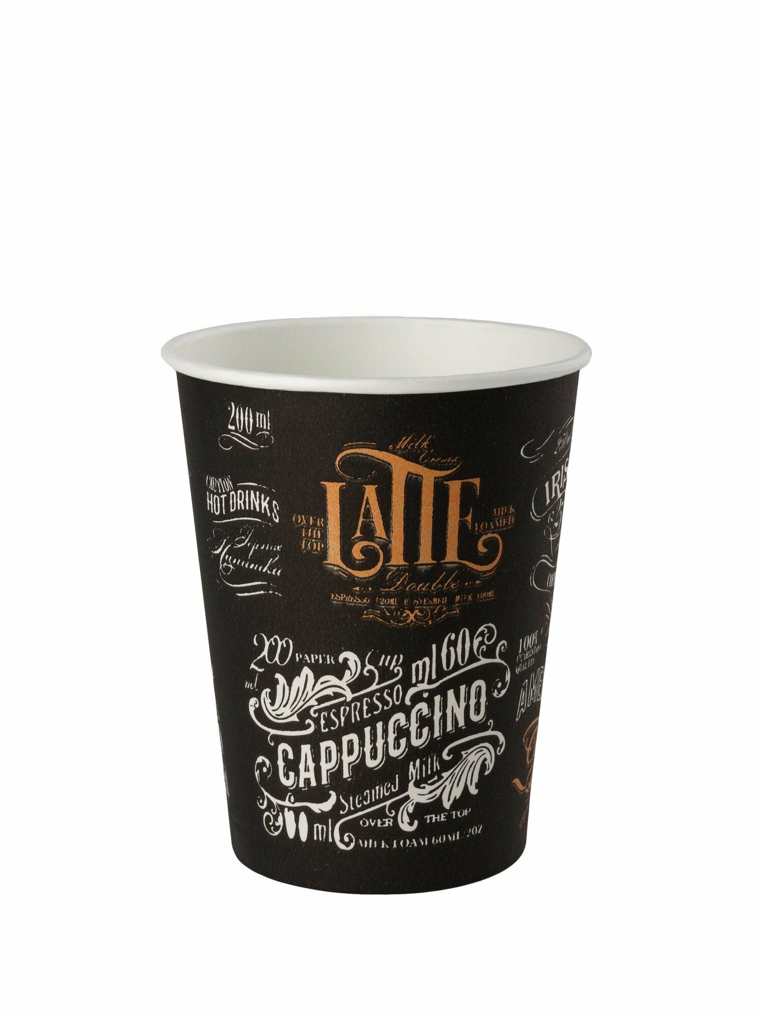 фото Комплект 100 шт. Объём 250 мл. Цвет Меню. Однослойный бумажный одноразовый стакан. Для горячего и холодного питья, кофе, чая, воды, напитков. Без крышки.