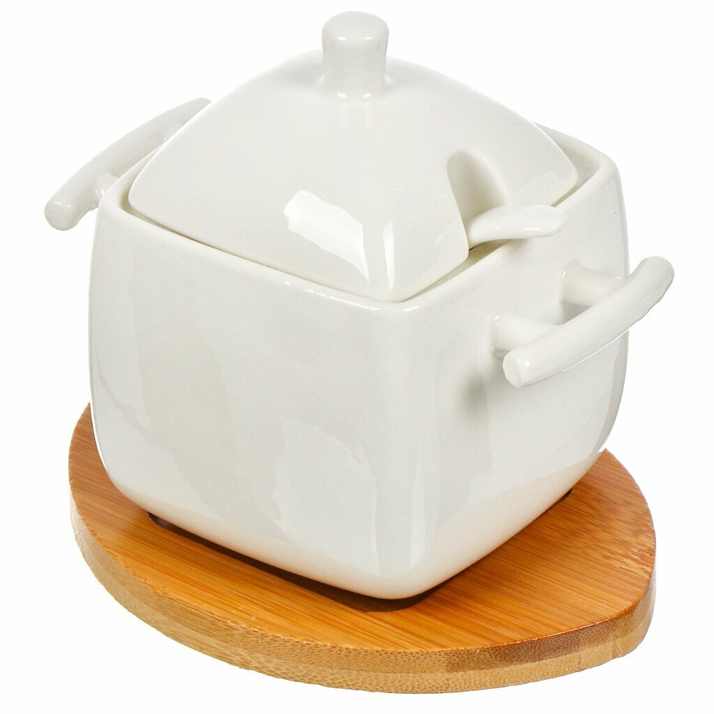 фото Сахарница керамика, 12.3х9х11.9 см, с ложкой, на подставке, Y4-6588