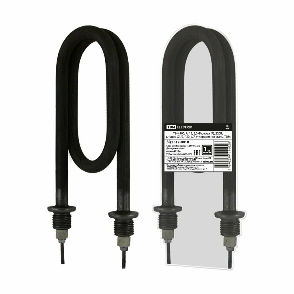 фото Тэн для воды, углеродистая сталь, 5 кВт, D13 мм, R30 мм, Ф7, G1/2, TDM Electric, SQ2512-0010