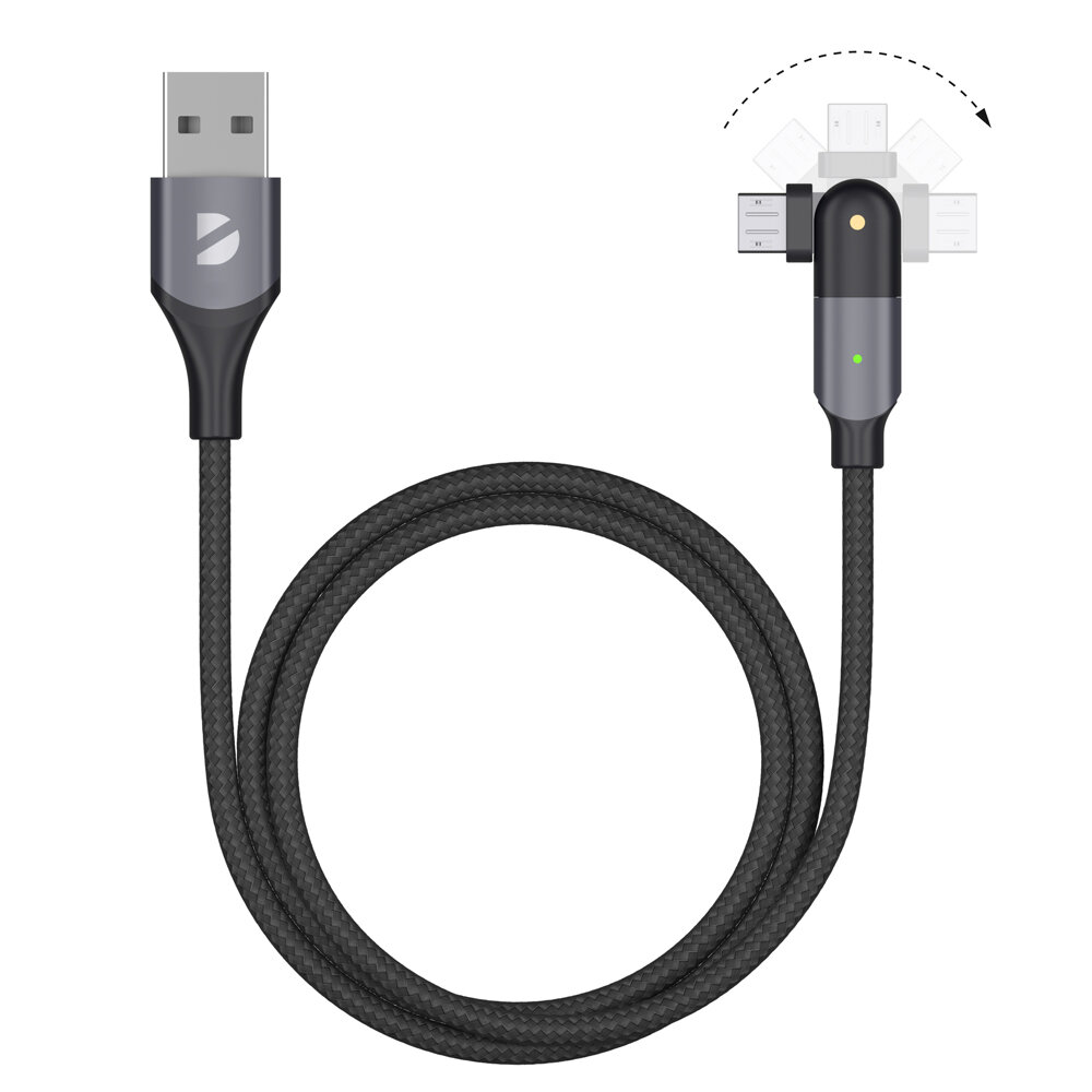 фото Дата-кабель USB-A - micro USB, поворотный, 180˚, USB 2.0, 1.2м, алюминий, нейлон, черный, крафт, Deppa 72324-OZ