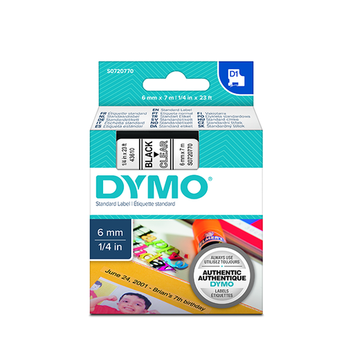 Лента Dymo D1 [S0720770/43610] для принтеров серии Label Manager (черный на прозрачном, 6 мм, длина 7 м)