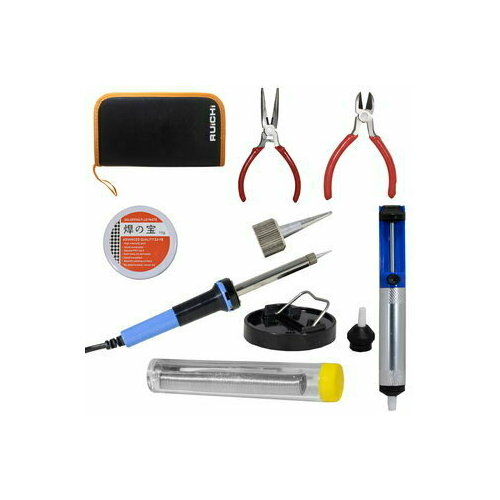 Набор для пайки RUICHI 908 Комплект паяльник 30 Вт подставка держатель экстрактор сменный наконечник экстрактора припой канифоль бокорезы тонкогубцы 148700₽