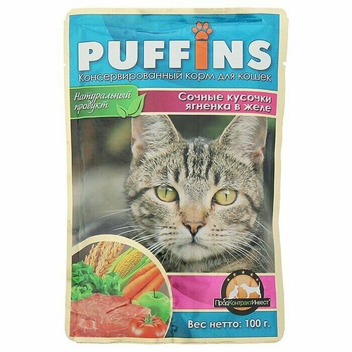 Влажный корм для кошек PUFFINS, 100г в желе ягненок, 5 шт.