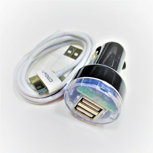 Зарядное устройство а/м 12V -> USB 5V Crown CMCC-8327 2.1A, кабель для Apple 30-pin
