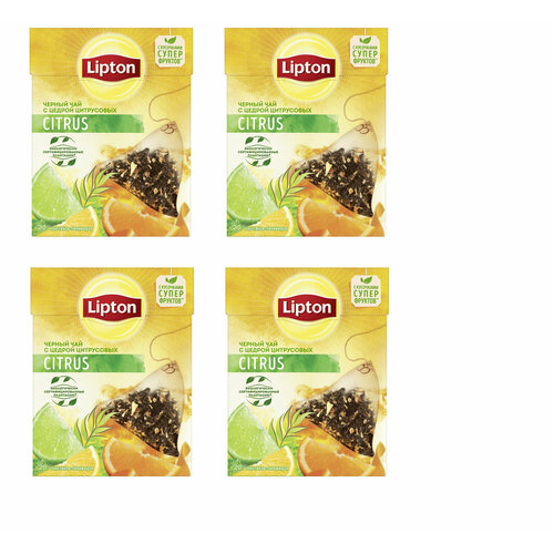 Чай черный в пирамидках Lipton Citrus с цедрой цитрусовых 20 пакетиков, 4 упаковки