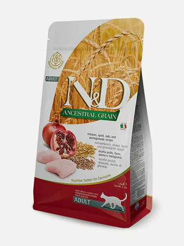Изображение товара Сухой корм Farmina N&D Ancestral Grain Chicken & Pomegranate Adult, для взрослых кошек, низкозерновой, курица и гранат, 1,5кг