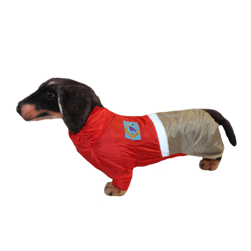 Комбинезон-дождевик для таксы карликовой кобеля, со светоотражающими полосами, на липучке, цвет красно-серый