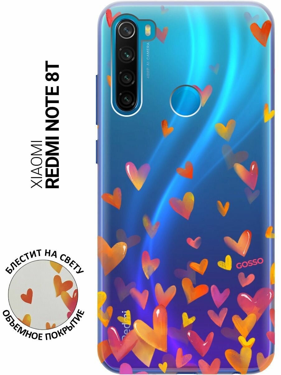 Силиконовый чехол на Xiaomi Redmi Note 8T, Сяоми Редми Ноут 8Т с 3D принтом "Flying Hearts" прозрачный