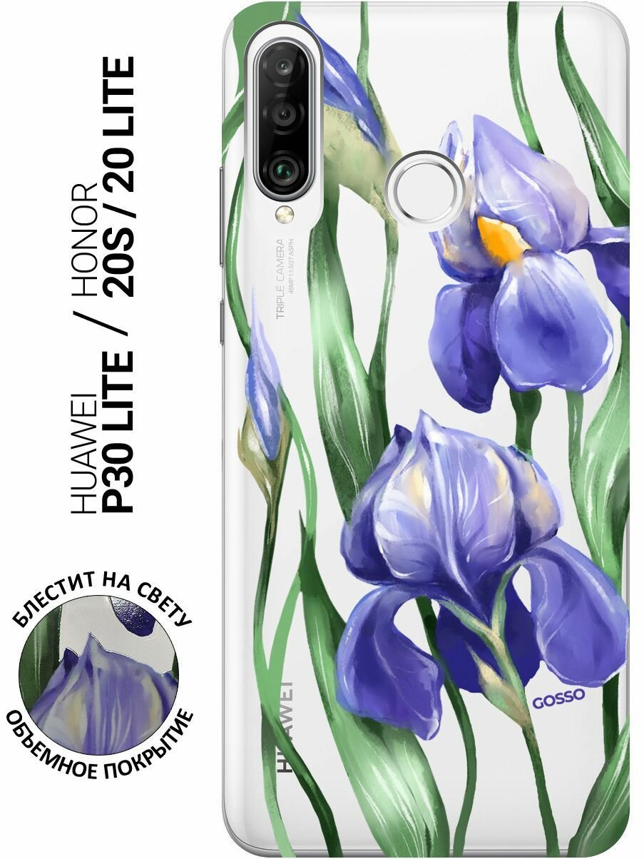Силиконовый чехол на Honor 20 Lite, 20s, Huawei P30 Lite, Хуавей П30 Лайт, Хонор 20 Лайт, 20s с 3D принтом "Amazing Irises" прозрачный