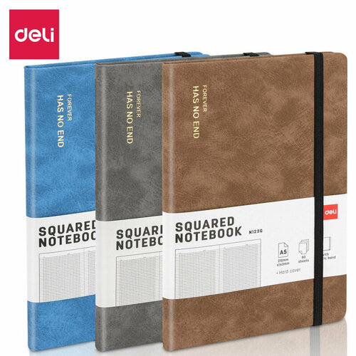 Комплект 5 штук, Блокнот Deli А5 80л 70 г/м, твердая обложка, клетка 5x5мм серый кожа EN123G