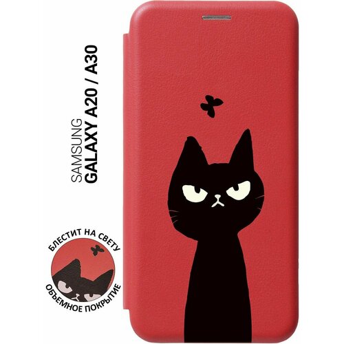 Чехол-книжка на Samsung Galaxy A20, A30, Самсунг А20, А30 с 3D принтом Disgruntled Cat красный