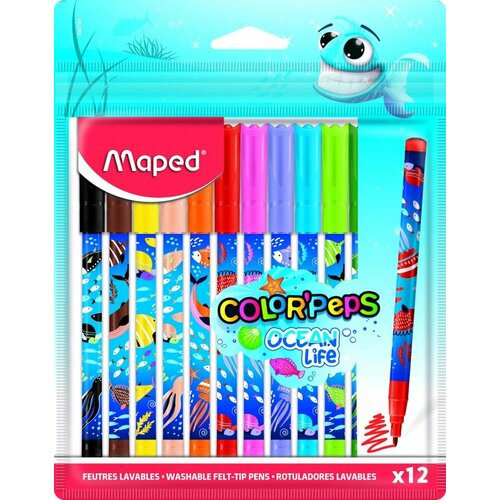 Набор фломастеров 12 цветов Maped Color'Peps Ocean Life (линия 2.8мм, круглый корпус) пакет с европодвесом (845701)