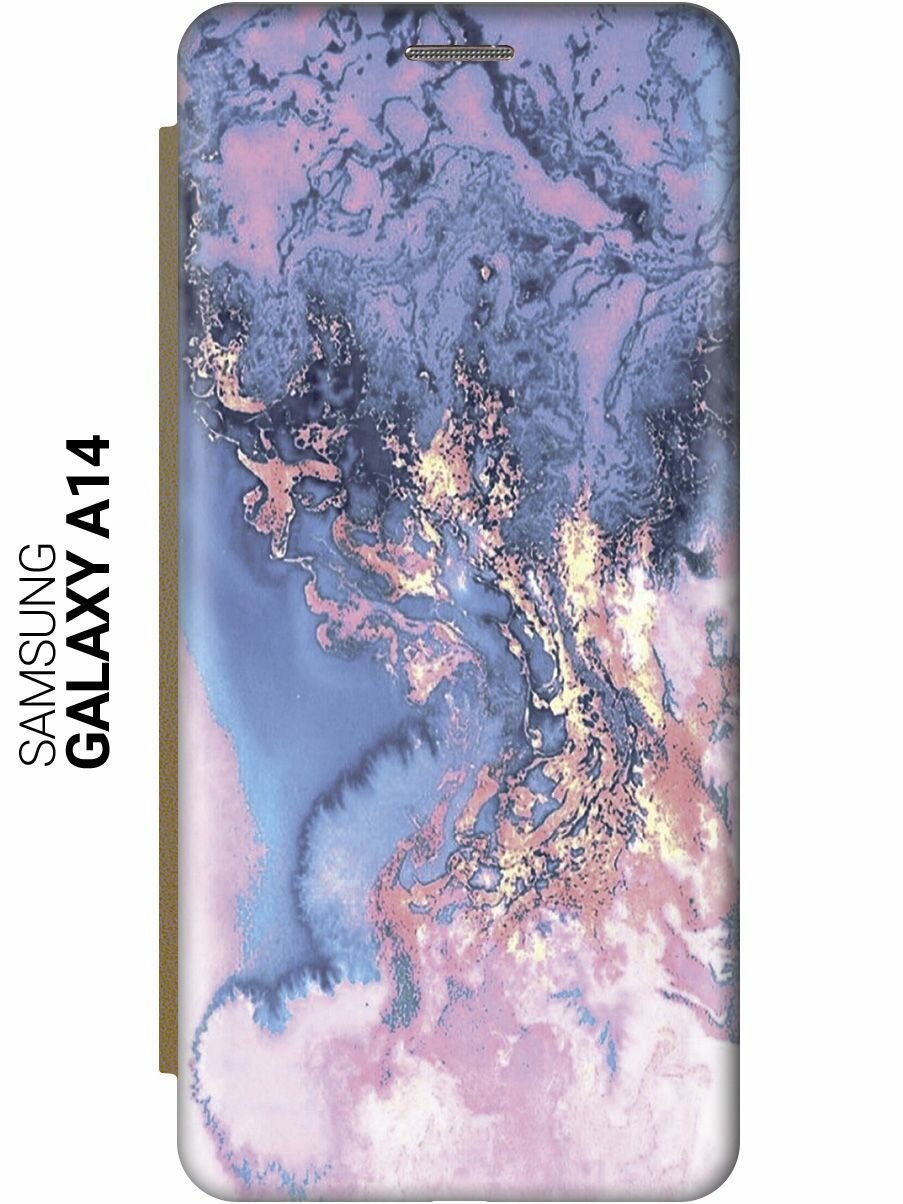 Чехол-книжка на Samsung Galaxy A14, Самсунг А14 c принтом "Синий мрамор" золотистый
