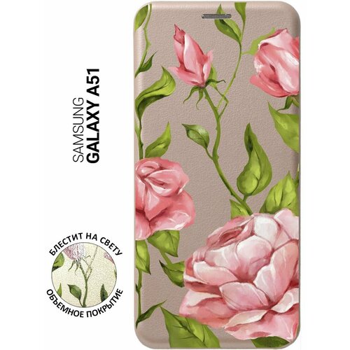 Чехол-книжка на Samsung Galaxy A51, Самсунг А51 с 3D принтом Amazing Roses золотистый чехол книжка на samsung galaxy a21s самсунг а21с с 3d принтом amazing roses золотистый