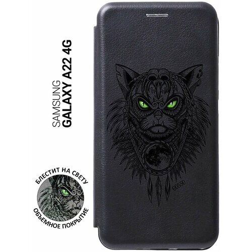 Чехол-книжка на Samsung Galaxy A22 4G, Самсунг А22 4Г с 3D принтом Shaman Cat черный чехол книжка на samsung galaxy a22 4g самсунг а22 4г с 3d принтом fox queen черный