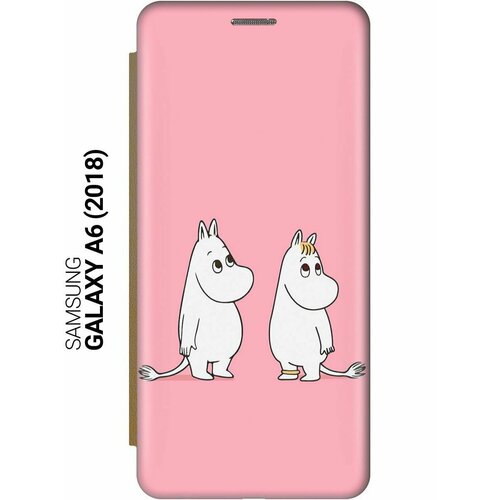 Чехол-книжка на Samsung Galaxy A6 (2018), Самсунг А6 2018 c принтом Муми-тролли на розовом золотистый чехол книжка на samsung galaxy a7 2018 самсунг а7 2018 c принтом муми тролли на розовом золотистый