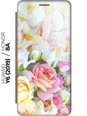 Чехол-книжка Нежные розы на Honor 8A / 8A Pro / Huawei Y6 (2019) / Y6 Prime (2019) / Хонор 8а / 8а Про / Хуавей У6 2019 / У6 Прайм 2019 золотой