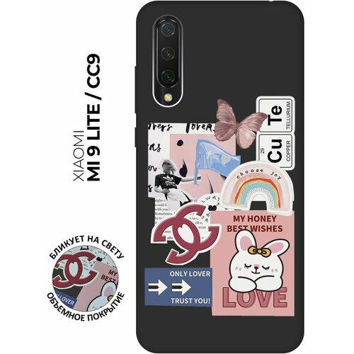 Матовый чехол Cute Stickers для Xiaomi Mi 9 Lite / CC9 / Сяоми Ми 9 Лайт / Ми СС9 с 3D эффектом черный