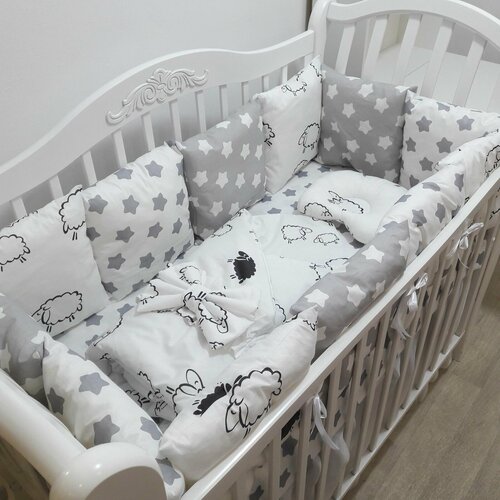 фото Комплект бортиков в кроватку из 16 предметов mamdis для новорожденных и малышей с овечками mam.dis