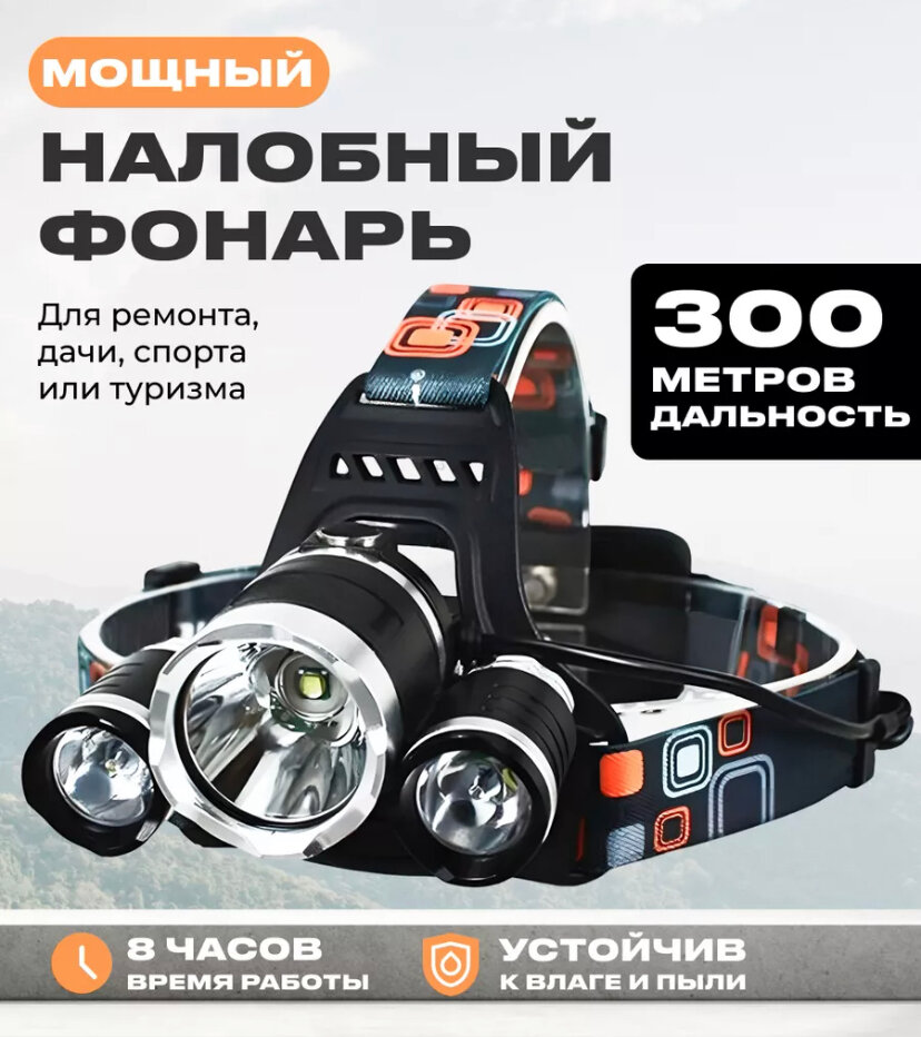 Мощный налобный светодиодный аккумуляторный фонарь High Power Headlamp / Фонарик туристический спортивный для охотников и рыболовов