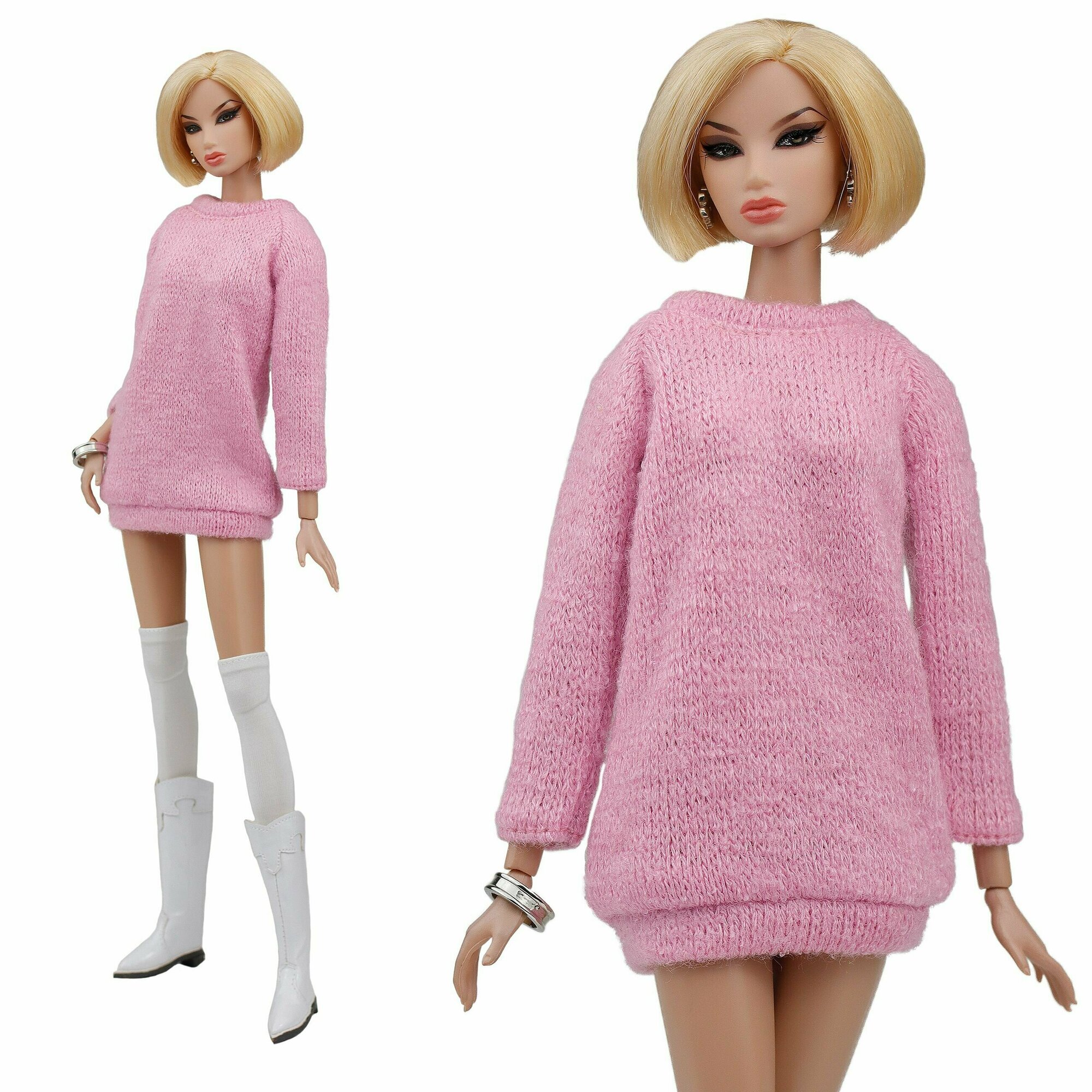Платье-свитер цвета "Бегония" и чулки для кукол 29 см. типа барби