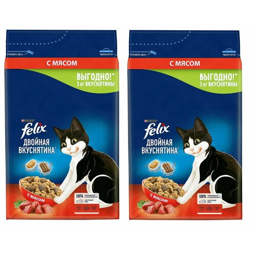 Сухой корм, Felix, Двойная Вкуснятина, для взрослых кошек и котов, с мясом, 3кг 2 шт