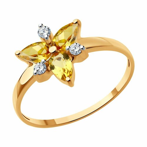 Кольцо Diamant, красное золото, 585 проба, фианит, цитрин, размер 18