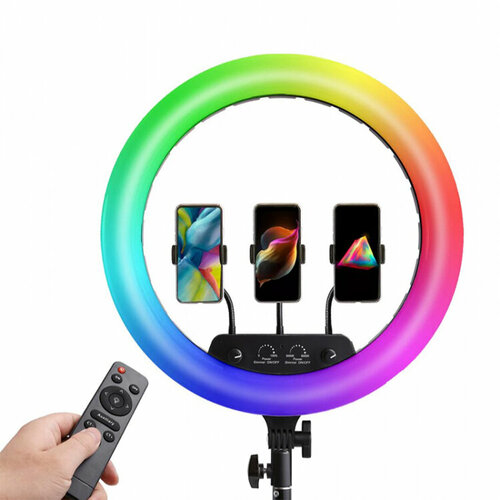 Кольцевая лампа со штативом MJ-14 36 см селфи LED световой круг три держателя телефона пульт штатив 210 см 359000₽