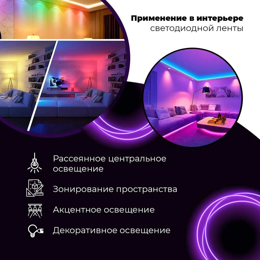 Светодиодная лента 5м, 54 LED/m RGB, IP65, 12В (блок питания в комплекте), многоцветная, SMD 5050, Управление цветом с пульта - фотография № 6