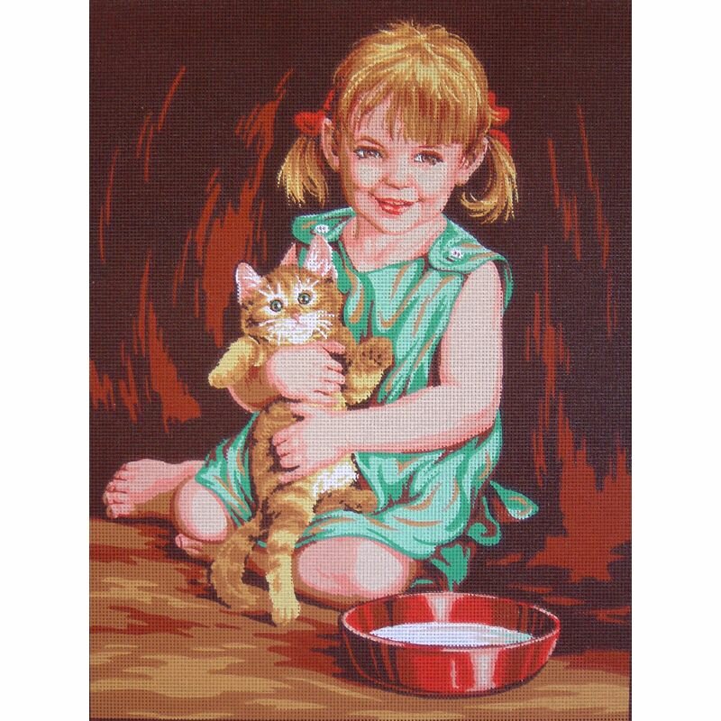 Канва GOBELIN DIAMANT "Девочка с котенком", жесткая, с рисунком