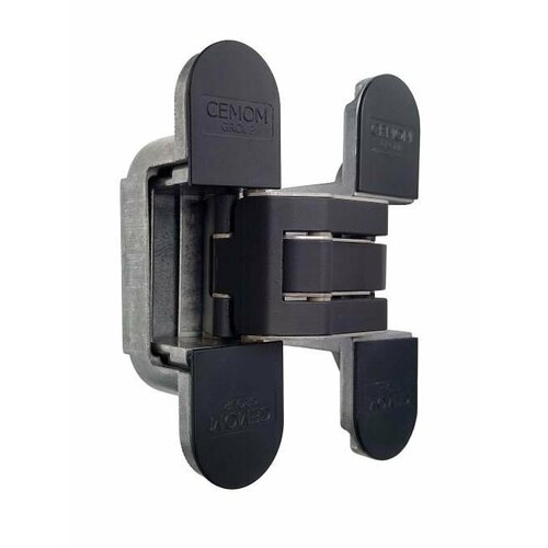 Петля дверная скрытая универсальная со смещением плоскостей, 3D, 111.5x29 мм, 50 кг, цамак черный матовый, с 4 пластиковыми колпачками