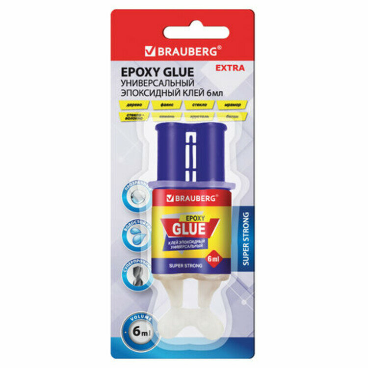 фото Клей универсальный эпоксидный шприц (смола+отвердитель) 3+3 мл суперпрочный, BRAUBERG, 608104, HE-06