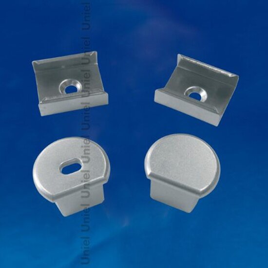 Набор аксессуаров для алюминиевого профиля Uniel UFE-N07 SILVER A POLYBAG Крепежные скобы (4 шт, сталь) и заглушки (4 шт, пластик). Цвет серебро. ТМ