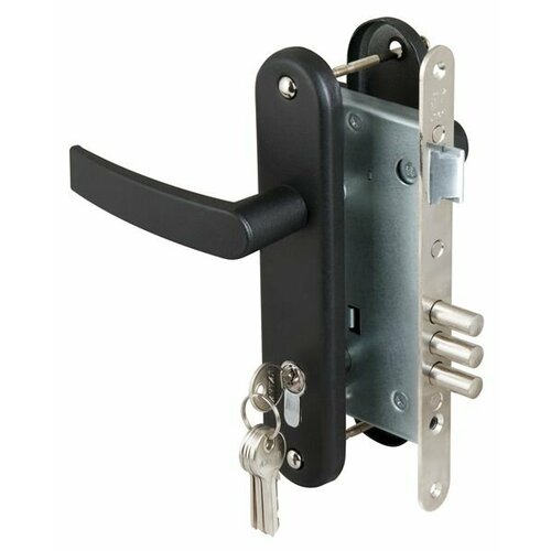 Замок врезной цилиндровый с защёлкой в комплекте с ручкой САМ ЗВ4-3 (черный муар), 5 кл. /78401/