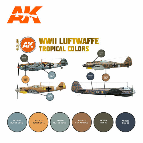 AK11719 Набор красок WWII Luftwaffe Tropical Colors SET 3G gudf 005 wwii german luftwaffe m43 blue grey gabardine trousers