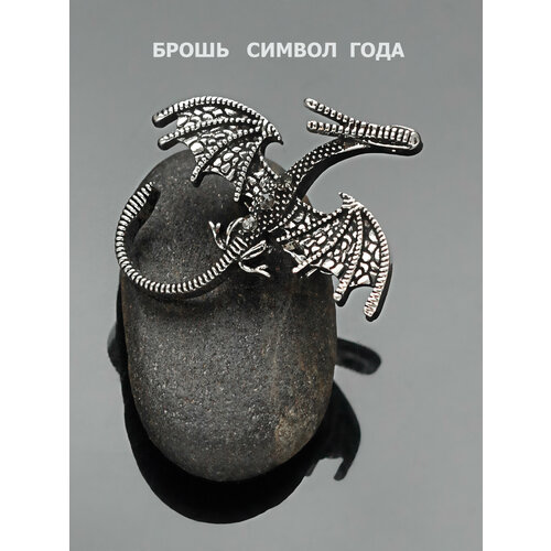 фото Брошь дракон малый, бижутерный сплав, стразы, подарочная упаковка, серебряный petro-jewelry