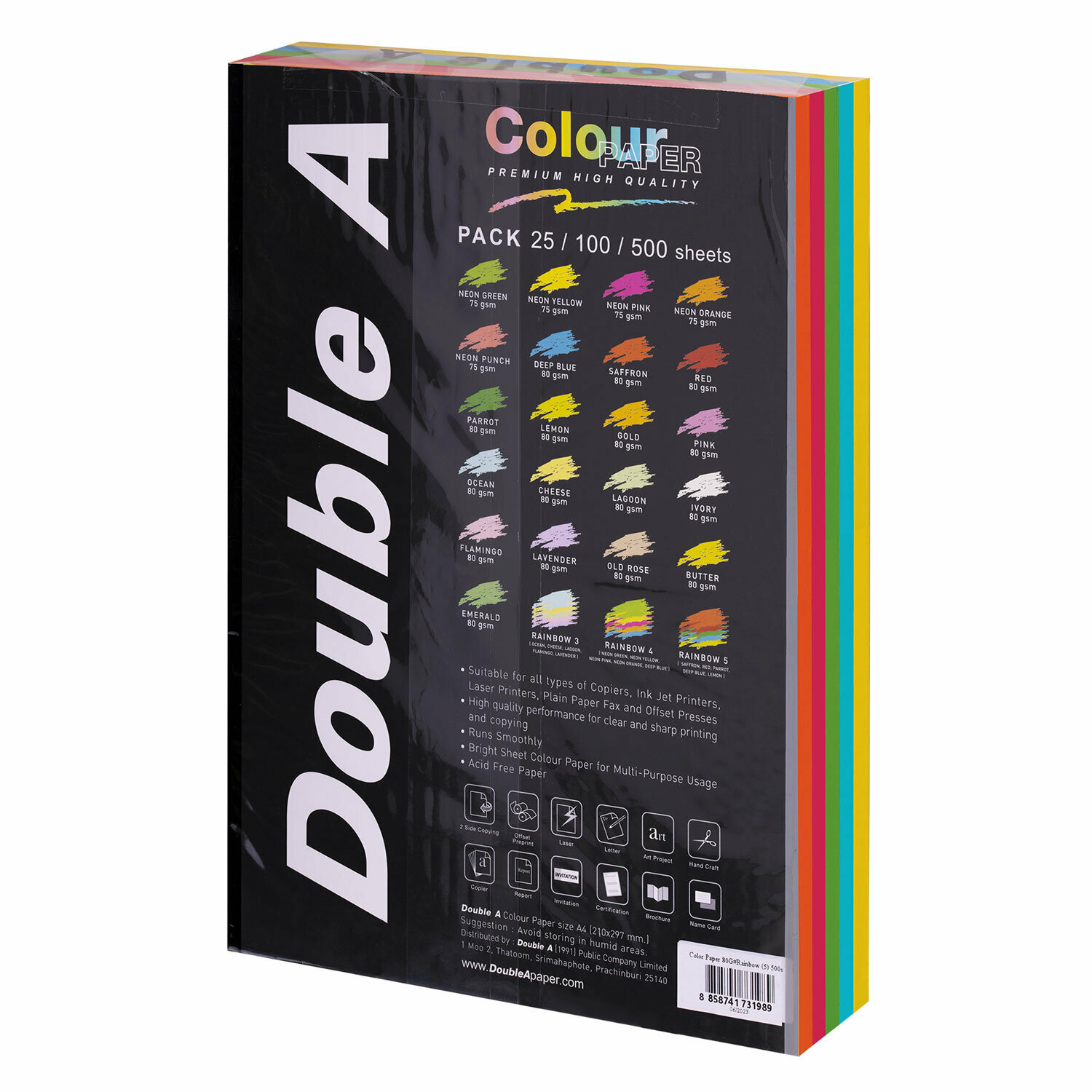Бумага цветная DOUBLE A, А4, 80 г/м2, 500 л. (5 цветов x 100 листов), микс интенсив