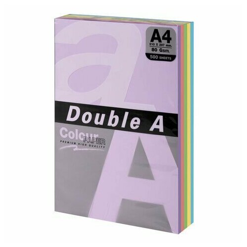 Бумага цветная DOUBLE A, А4, 80 г/м2, 500 л. (5 цветов x 100 листов), микс пастель