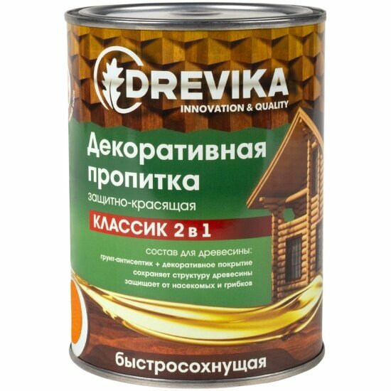 Декоративная пропитка для дерева DREVIKA Классик 2 в 1, полуматовая, 0,75 л, орегон
