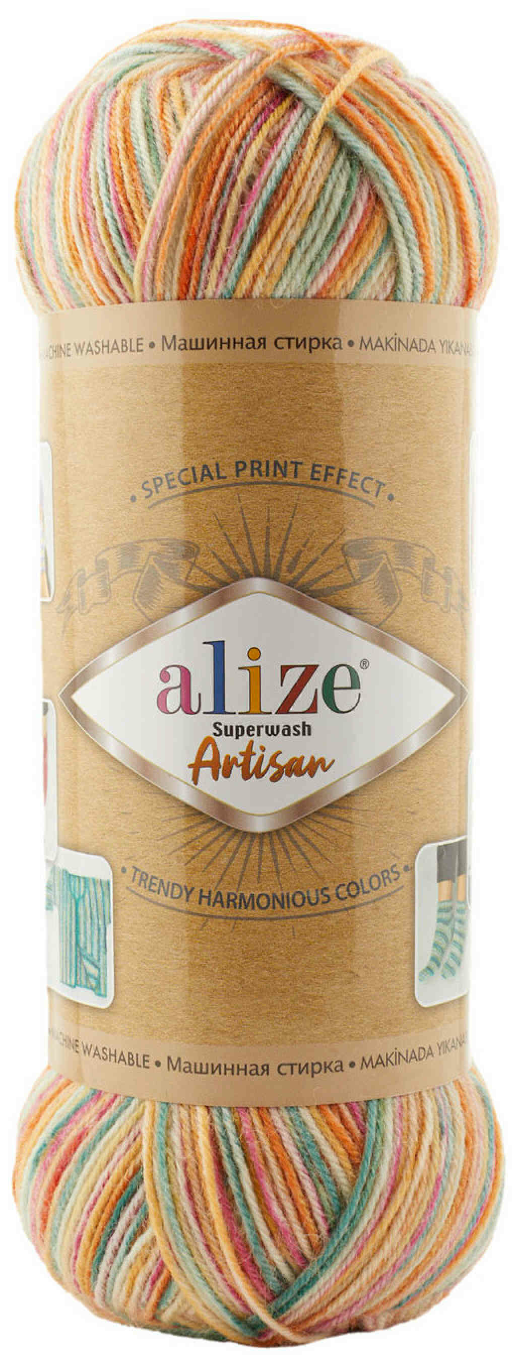 Пряжа Alize Superwash Artisan принт оранжевый-розовый-бирюзовый (9012), 75%шерсть/25%полиамид, 420м, 100г, 2шт