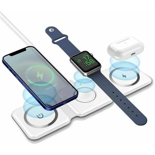 Беспроводная зарядная раскладушка MagSafe 15W для iPhone+iWatch+AirPods / Быстрая зарядка Qi / 3в1 / White беспроводная зарядная станция 4 в 1 new быстрая зарядка gepard 15w fast для iphone iwatch airpods цифровые часы