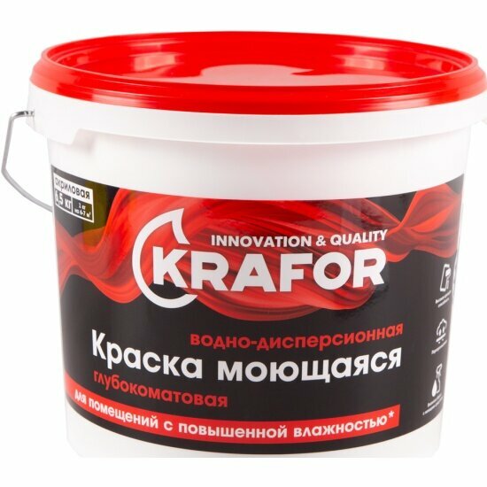 Краска водно-дисперсионная интерьерная моющаяся Krafor , глубокоматовая, 6,5 кг, белая