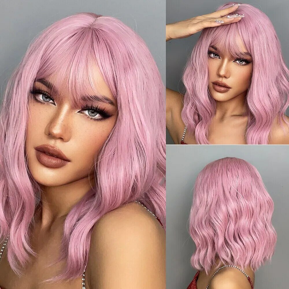 Женский парик до плеч волнистые волосы розовый