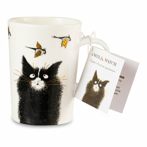 Кружка Mix&Match Синергия Кот Мечты о крыльях 450 мл, белая ручка, фарфор костяной