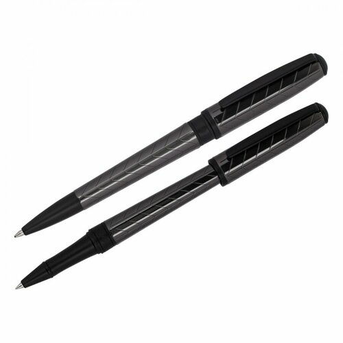Набор Delucci Marte: ручка шариковая 1мм и ручка-роллер 0,6мм, синие, корпус титан/черный, подарочная упаковка (CPn_11625)