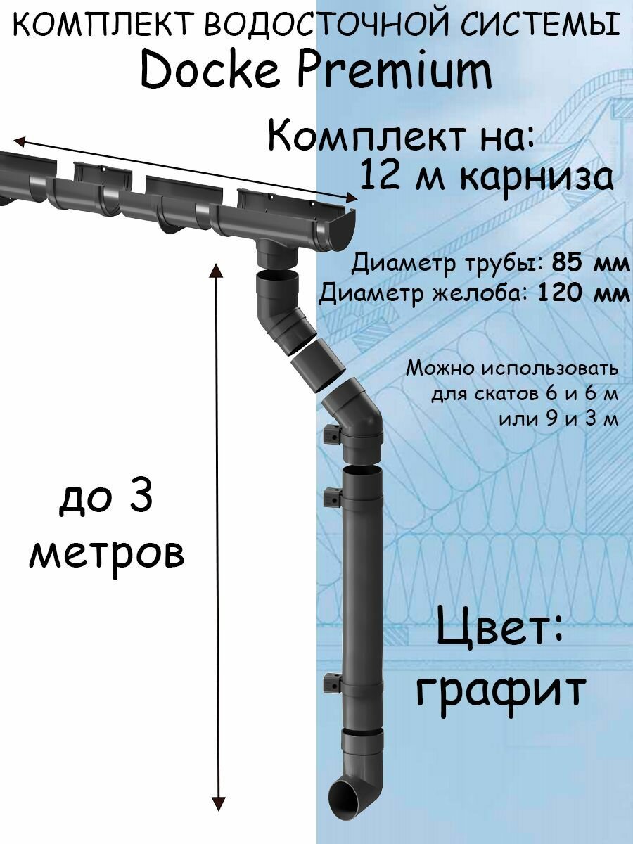 Комплект водосточной системы Docke Premium графит 12 метров (или 6 и 6 м, 9 и 3 м) (120мм/85мм) водосток для крыши Дёке Премиум серый (RAL 7024)