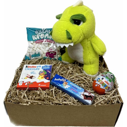 Подарочный набор, бокс, Мягкая игрушка Дракон-динозавр 28 см, сладости Kinder шоколад, яйцо, маршмеллоу, BabyFox