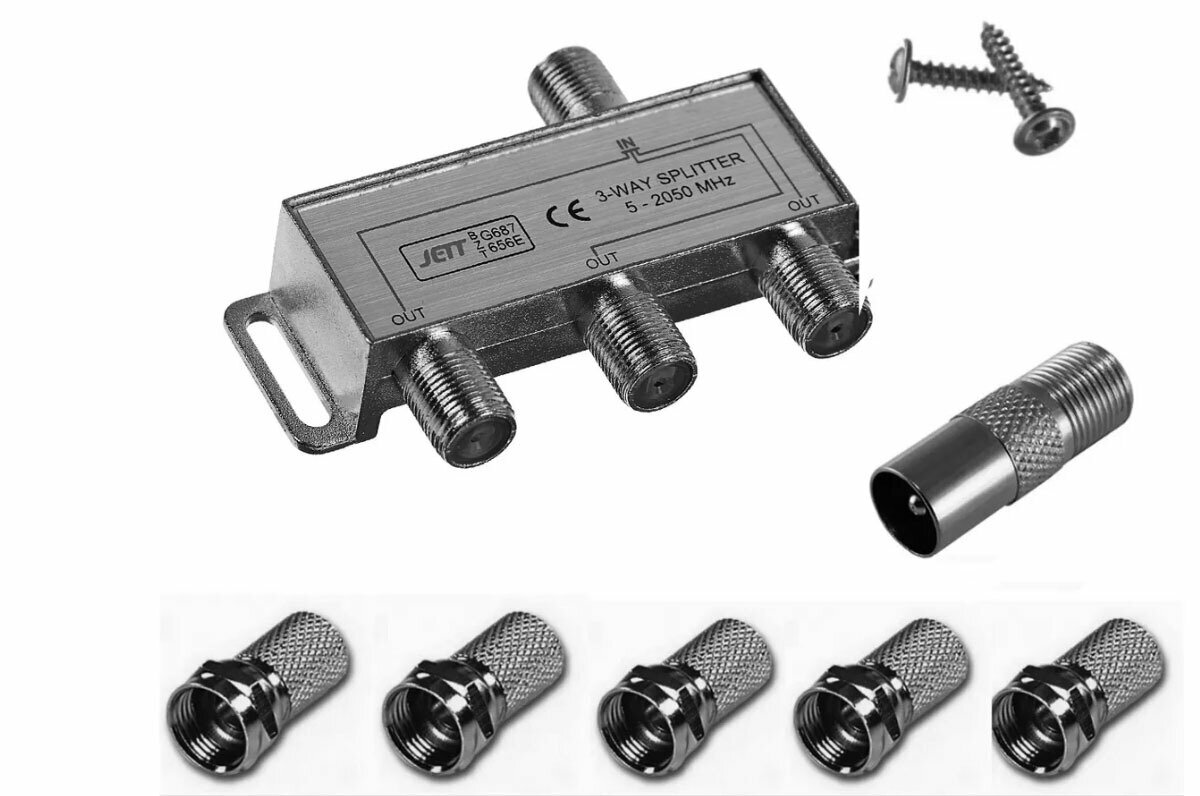 фото Делитель ТВ сигнала антенный сплиттер на 3 телевизора 5-2050 MHz - 1 шт. с проходом питания. Комплект ТВ штекер - 1 шт, F-разъем - 5 шт.