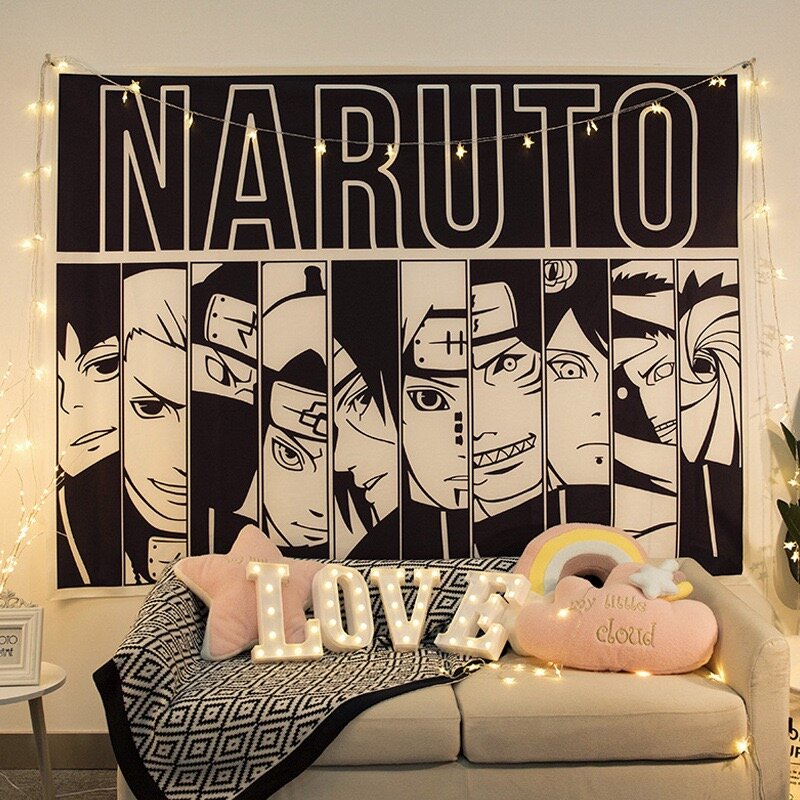 Тканевый плакат на стену с героями из аниме "Наруто", черно-белый, 100х75 см