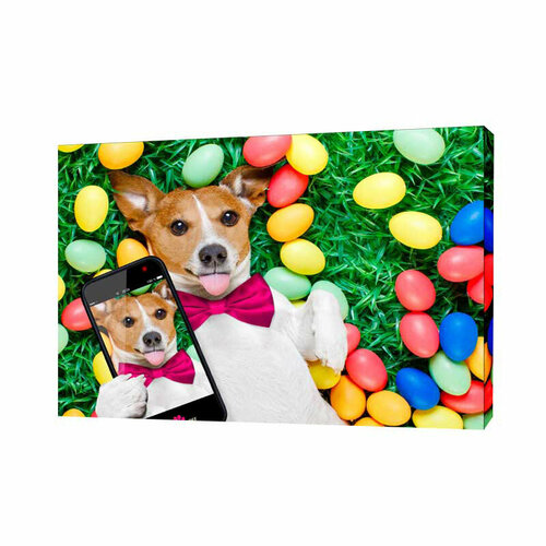 Картина на холсте Пес на траве и пасхальные яйца, 50х70 см